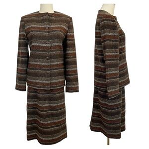 Vintage 70s Wool Blend Jacket and Skirt Set Womens 6 Brown Striped Preppy Classy